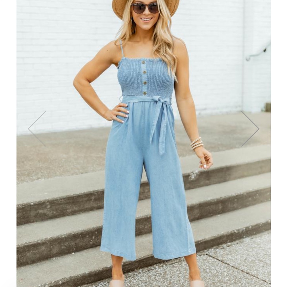 Blue chambray jumpsuit